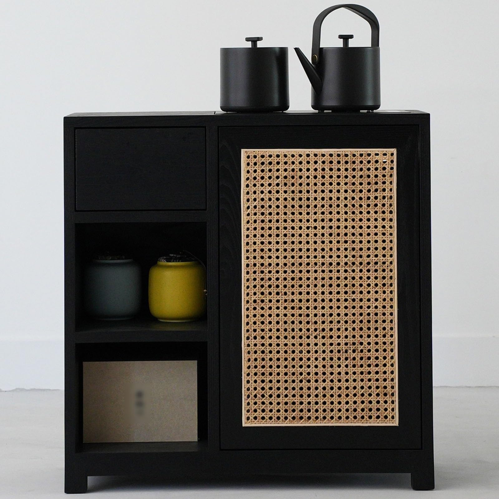 Armadietto da buffet moderno in rattan con ante per soggiorno, camera da letto e corridoio, credenza nera