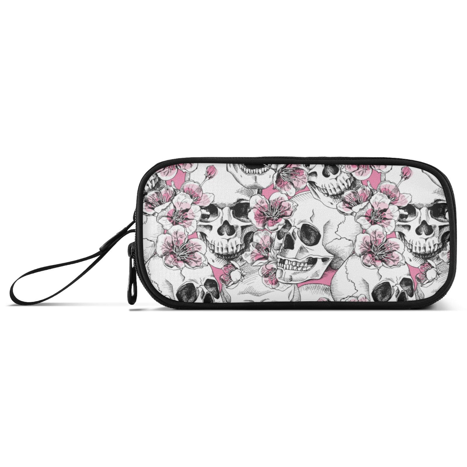 Large Pencil Case, Big Capacity Pencil Bag Pen Pouch Holder 3 Compartments, Skull Flowers Pink Cherries School Office Supplies Stationery Makeup Bag Storage Organizer for Students Girls Boys Womenls โ image 1