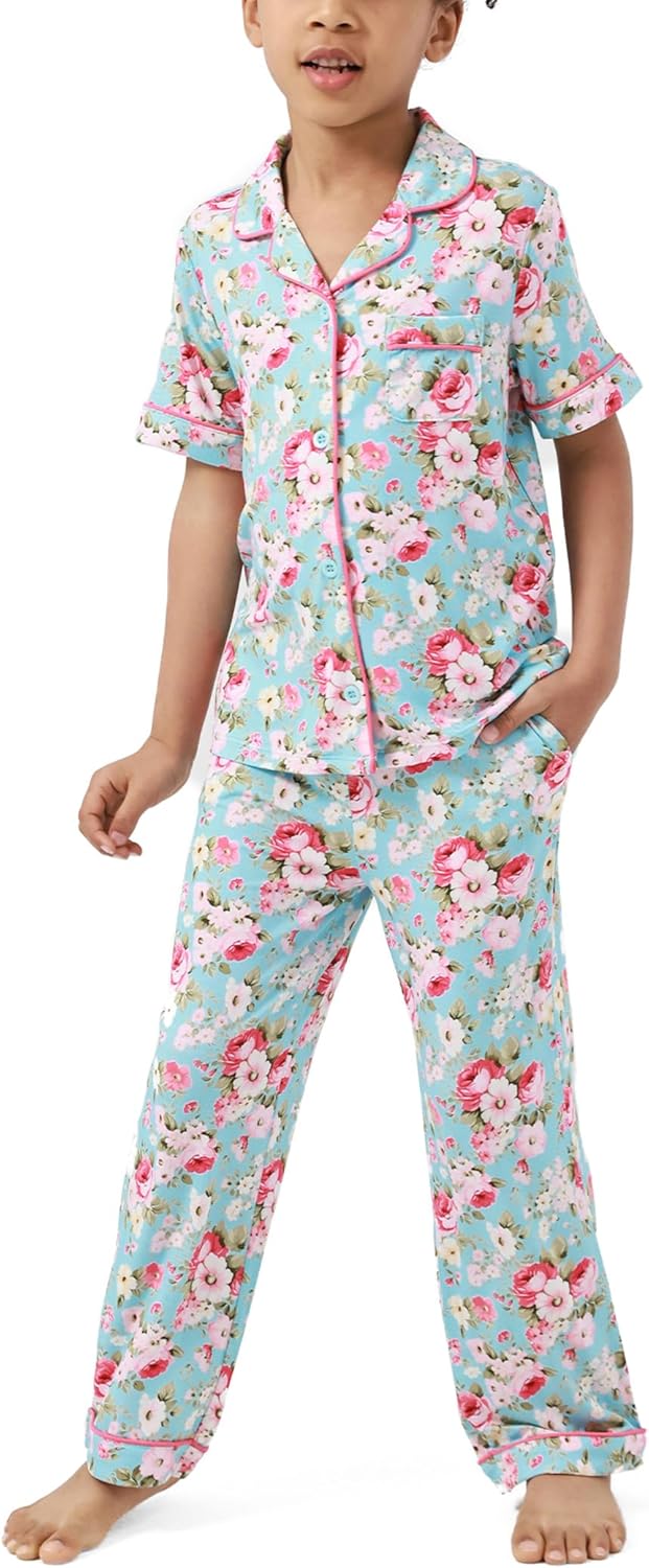 Bamboo Viscose Girls' Sleepwear Short Sleeve Button Down 2-Piece Girls' Pajama Sets