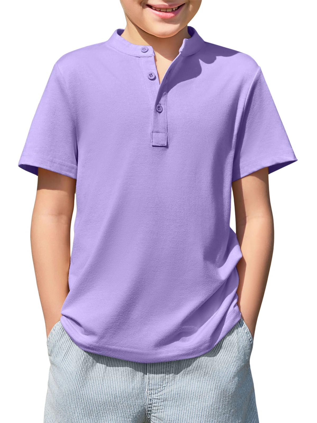Haloumoning Boys Short Sleeve Henley Shirt Kids Casual Button Front Summer T-Shirts Tops Tees 5-14 Years