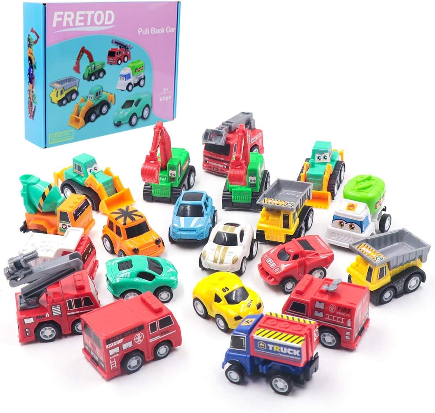 FRETOD Pull Back Car Toddler 20 Pcs Construction Vehicles , Fire Trucks with Flexible Joint and Raced Car Pull Back Vehicles Set for Kids