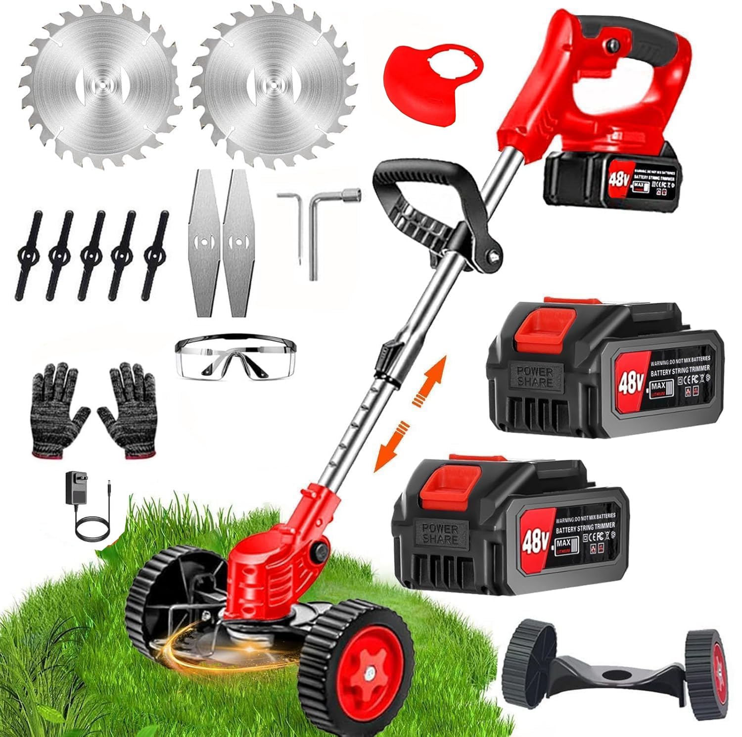 Electric Wireless Rechargeable Edge Cutter 48V-25cm Cutting Width|3-in-1 Mower & Trimmer|Adjustable Height |3 Blade Types Professional High Carbon Stainless Steel (I-shap-Red)-image-9