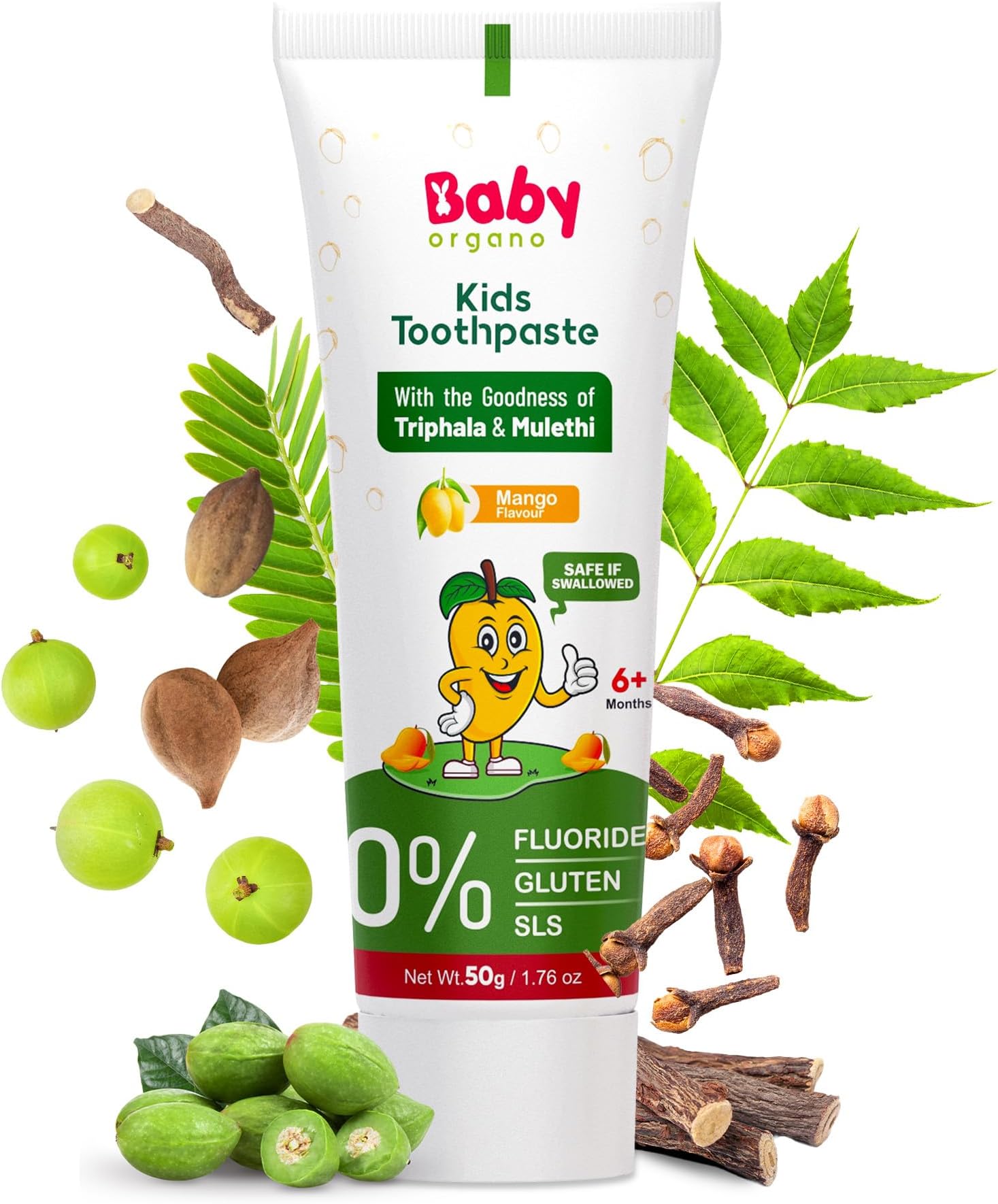 BabyOrgano Kids Toothpaste | For Kids 6+ Months - 6 Years | 100% Ayurvedic | Non Gel Formula | Goodness of Babool and Mulethi | Mango Flavour | Fluoride & SLS Free | FDCA Approved - 50gm