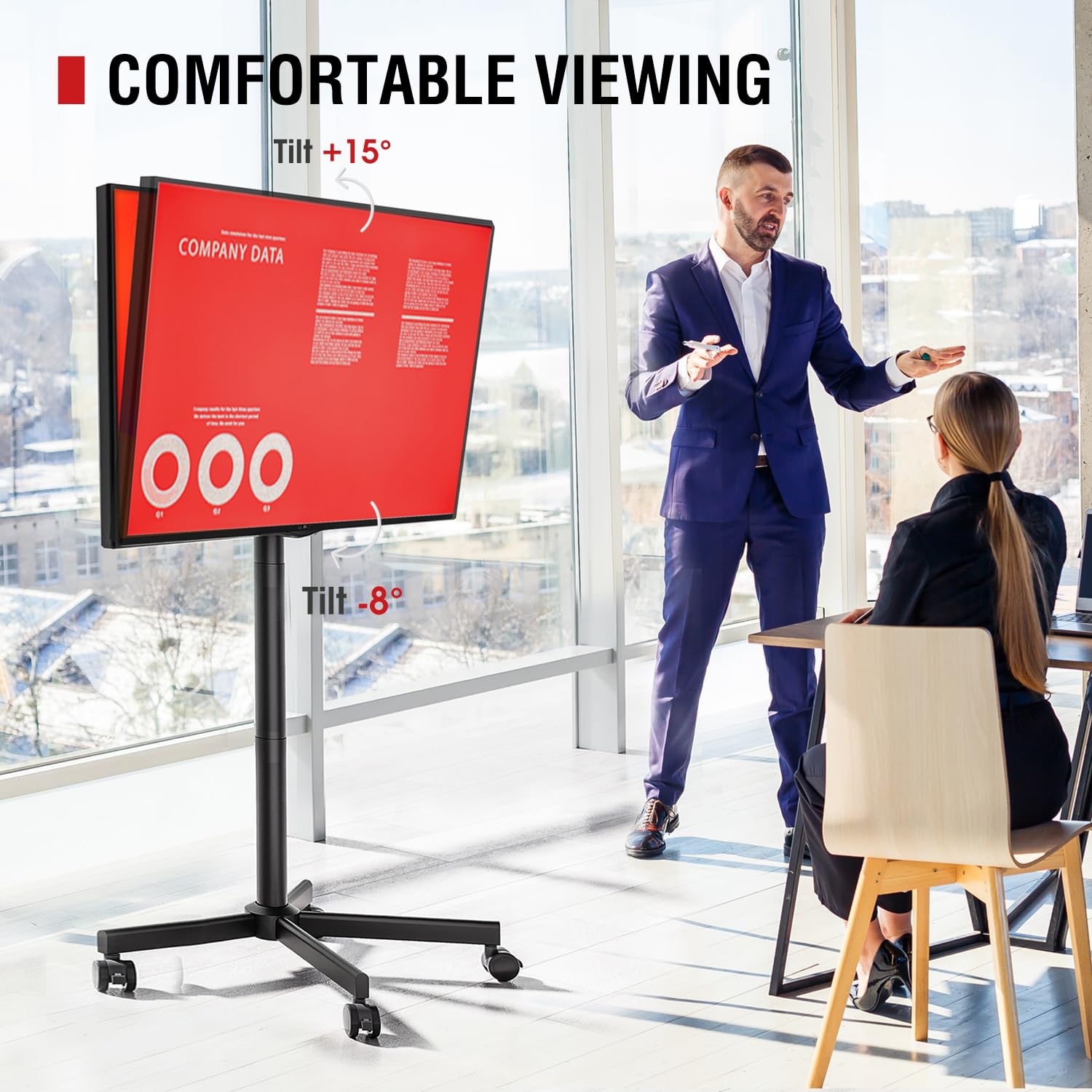 AOKCOS Stojak na telewizor z rolkami do 32-65-calowych telewizorów, wózek TV z tacą, stojak na telewizor z regulacją wysokości, mobilny stojak na telewizor na rolkach, wózek TV do 40 kg, maks. VESA