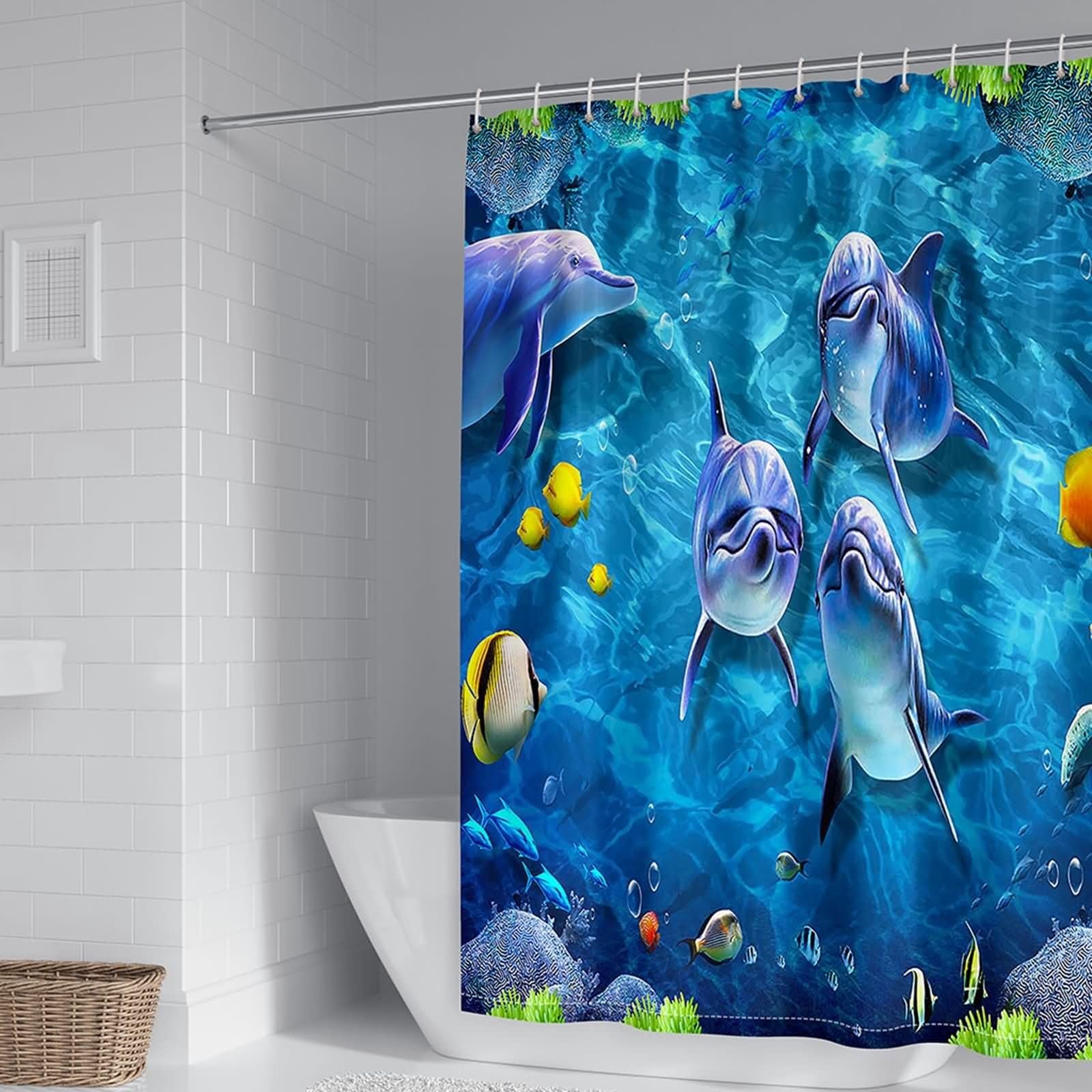 Duschvorhang 180X200, Duschvorhang Textil Waschbar Blau Delphin und Fisch Haushaltsduschvorhang