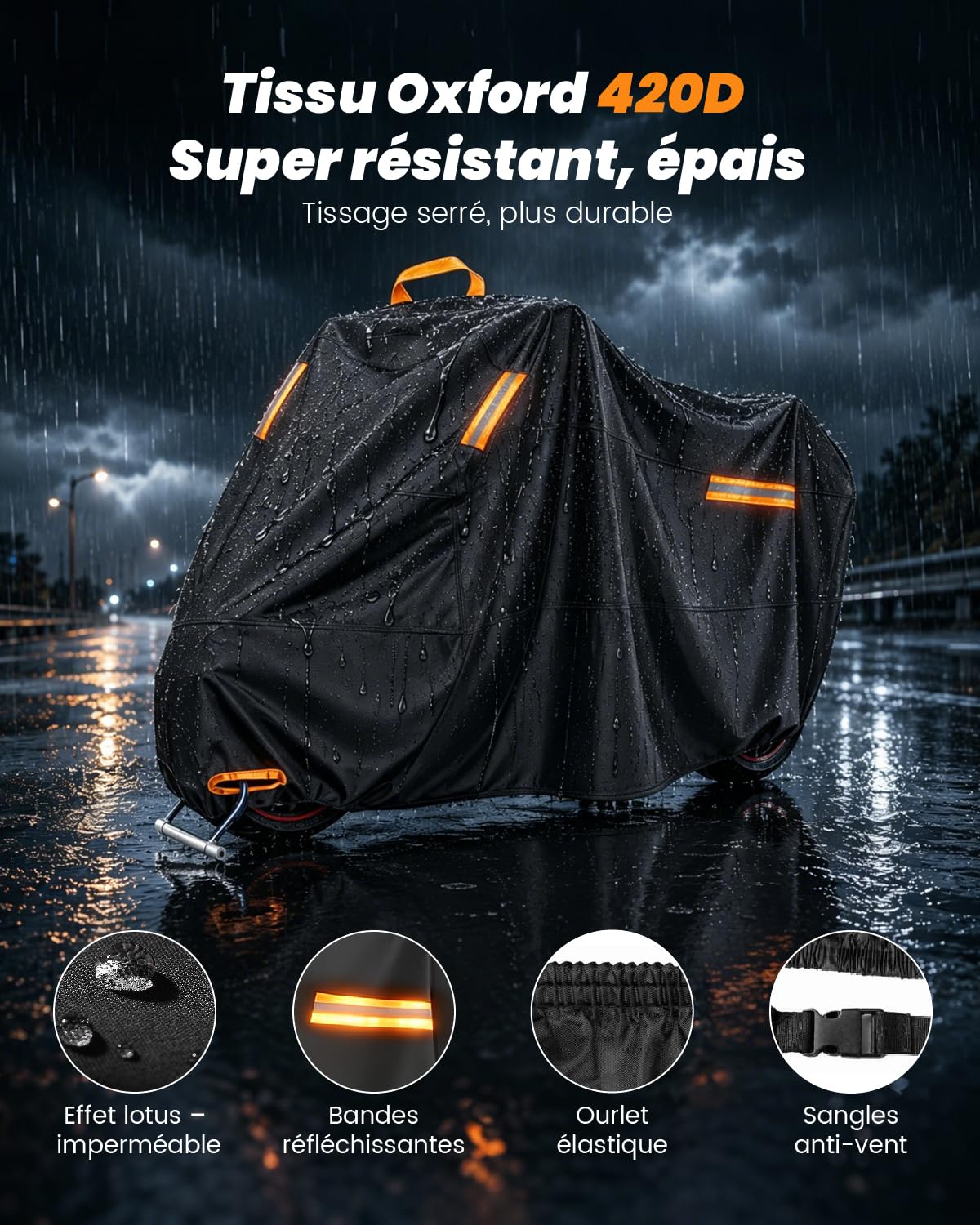 Bache Moto 4XL, 420D Bache de Protection Exterieur Imperméable | 295×110×140 cm, Housse Moto avec Poignée et Trou de Chaine Antivol, Protection contre Poussière Pluie Neige UV