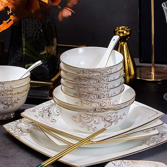 Bone China Dinnerware Set, 60 Pieces Of Luxury Ceramic Dinnerware, Family Gathering Wedding Gift, Microwave Safe Bone China, Gold Rimmed Dinner Plate Set