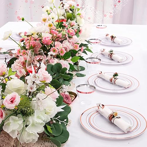 Miniatura 5 de Juego de vajilla de 350 piezas para bodas y fiestas, 50 platos de plástico para invitados, 50 cubiertos de plástico, 50 tazas, 50 servilletas de