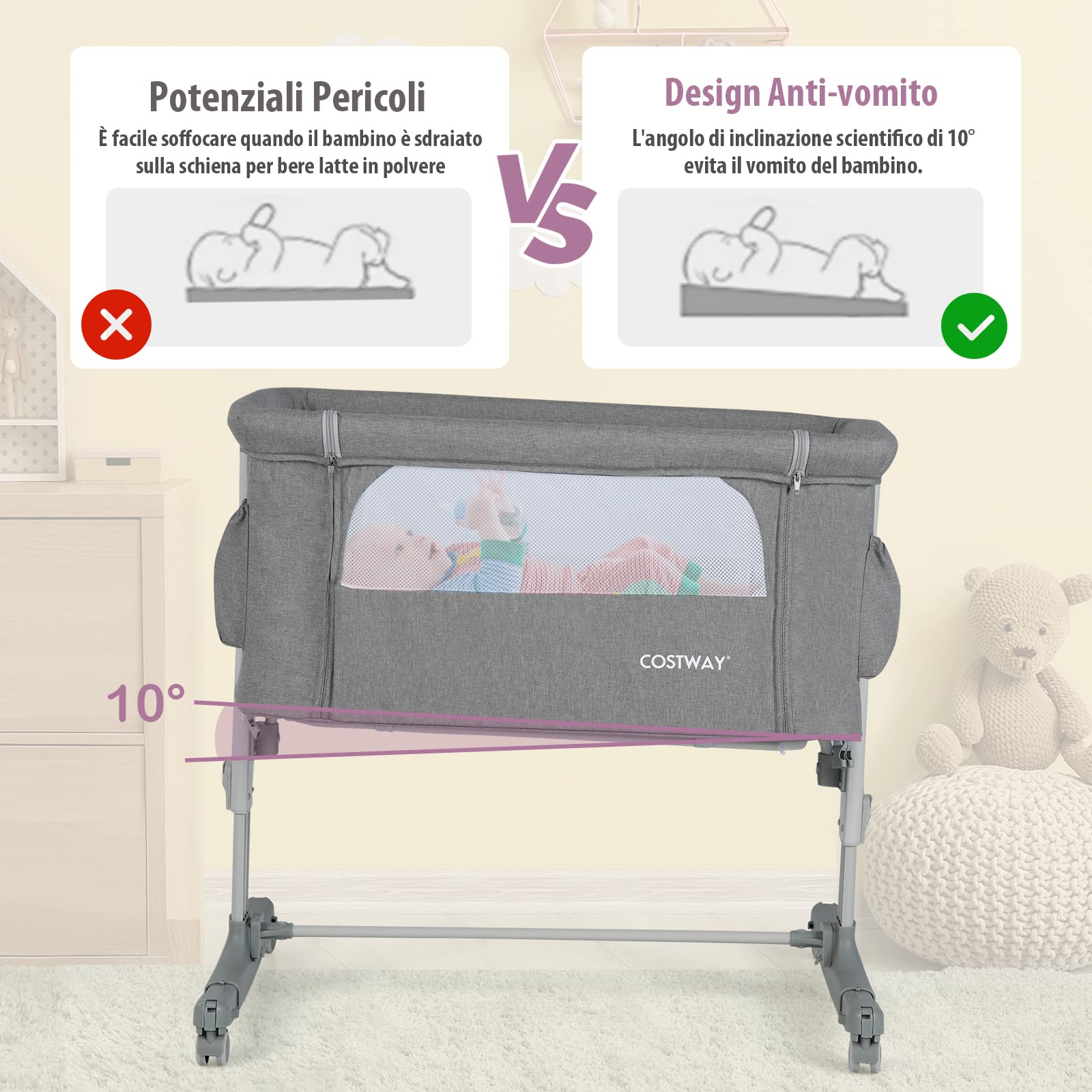 COSTWAY Culla Neonato Fianco Letto 3 in 1, Lettino Dondolo Neonati con Materasso, Culla da Campeggio con Ruote e Borsa, Regolabile In Altezza, Inclinazione di 10°, per Bambini 0-6 Mesi (Grigio)