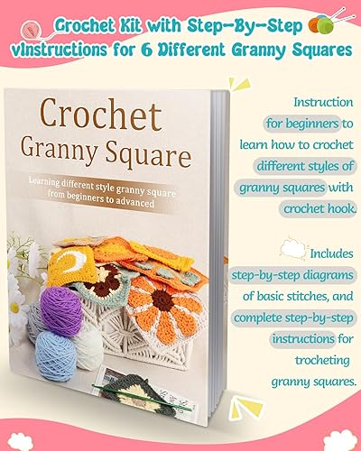 Miniatura 5 de Coopay Kit de ganchillo para principiantes, 6 tipos de cuadrados florales de abuelita Kit de inicio de ganchillo con instrucciones paso a paso y