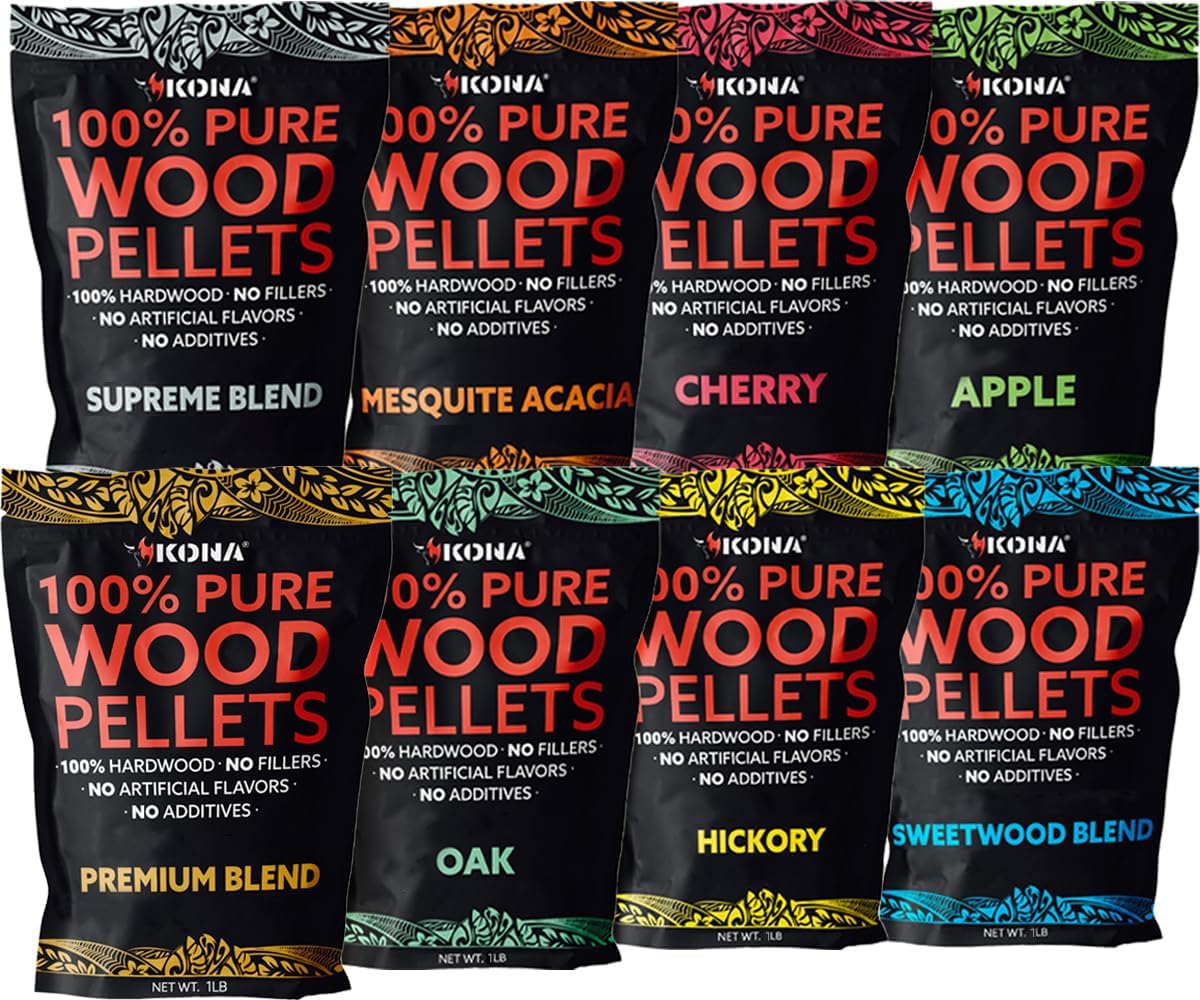 Kona Wood Pellets All Variety Pack, Intended for GE Profile Smart Indoor Smoker, 8, 1lb Resealable Bags