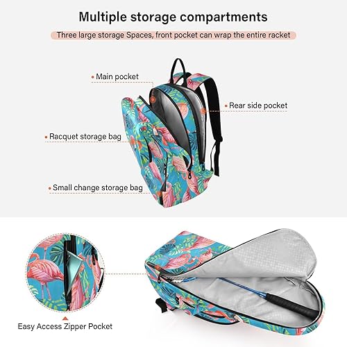 Miniatura 5 de Bolsa deportiva para tenis, bádminton, impermeable, vintage, pintura, flamencos, hoja de palmera, azul, 3 raquetas, bolsa de bádminton, para