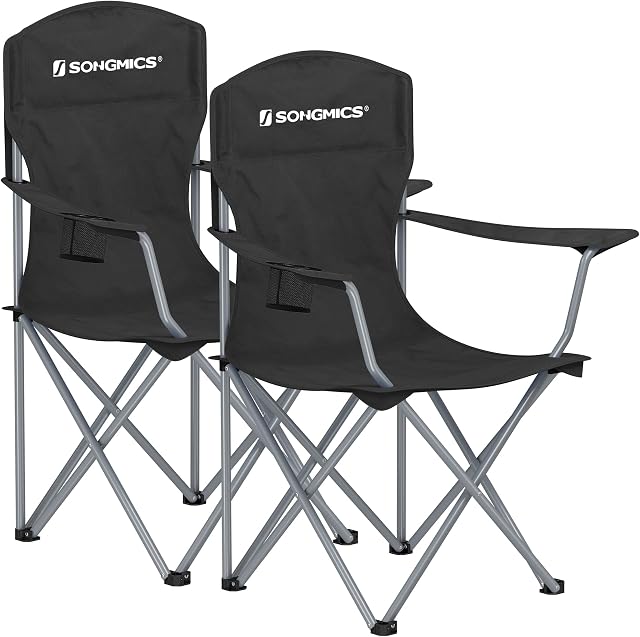 SONGMICS Set of 2 Folding Camping Chairs, Comfortable, Heavy Duty Structure, Max. Load Capacity 150 kg, with Cup Holder, Outdoor Chair