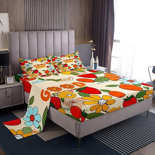 Juego de sábanas de los años 1960 de los años 70 para adultos, sábanas de flores indie hippie disco tamaño King, colorido juego de ropa de cama