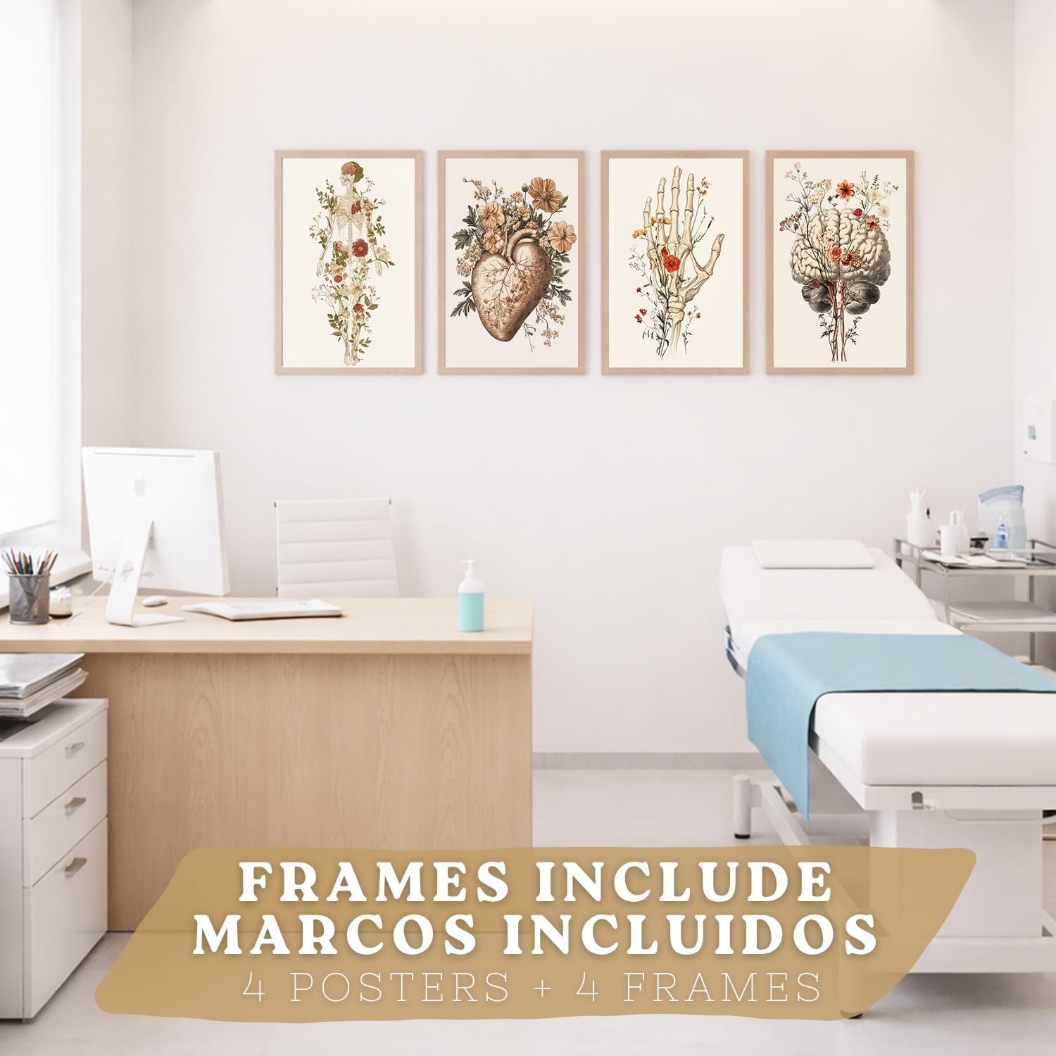 Nacnic Set Di 4 Stampe Anatomia Umana Poster Decorativi E Quadri Con Fiori Corpo Completo Cervello Mano E Cuore Stile Moderno Decorazione Da Parete Medica Dimensione A3 Telaio In Legno Chiaro