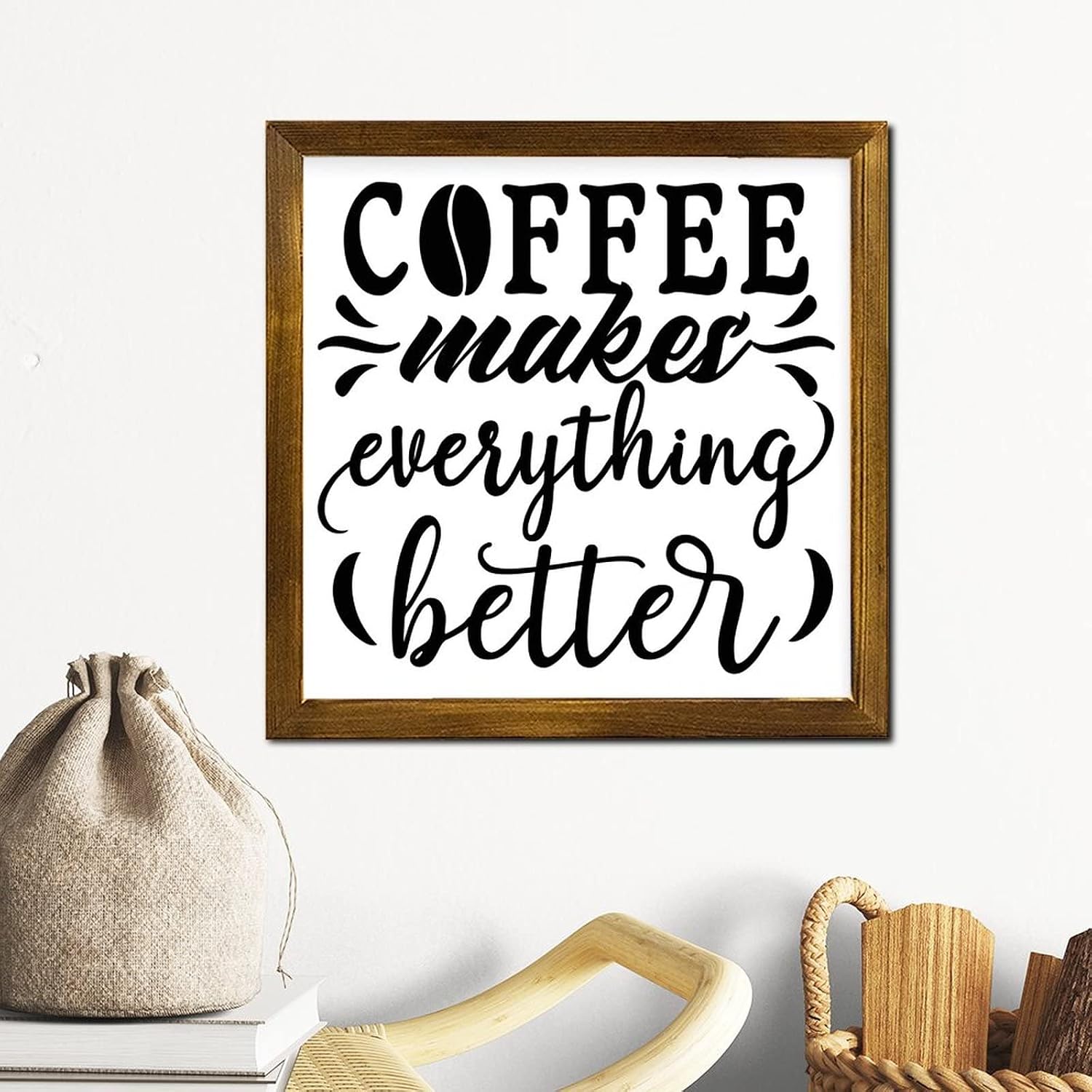 Coffee Makes Everything Better Wood Framed Sign Christian Scripture Wall Sign Classic Wall Art Hanging Farmhouse Decoration Plaque for Bedroom Kitchen Living Room Table Housewarming Gift 12x12 Inch