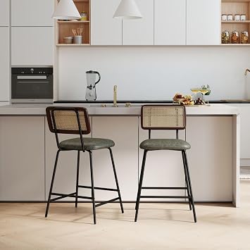 Hyfirm Set of 2 Bar Stools 26 Inch Counter Height, Rattan Barstools with Cane Back & Green PU Leather Padded Seat, Metal Frame Upholstered Breakfast Chairs for Kitchen Island, Home Bar, Dining
