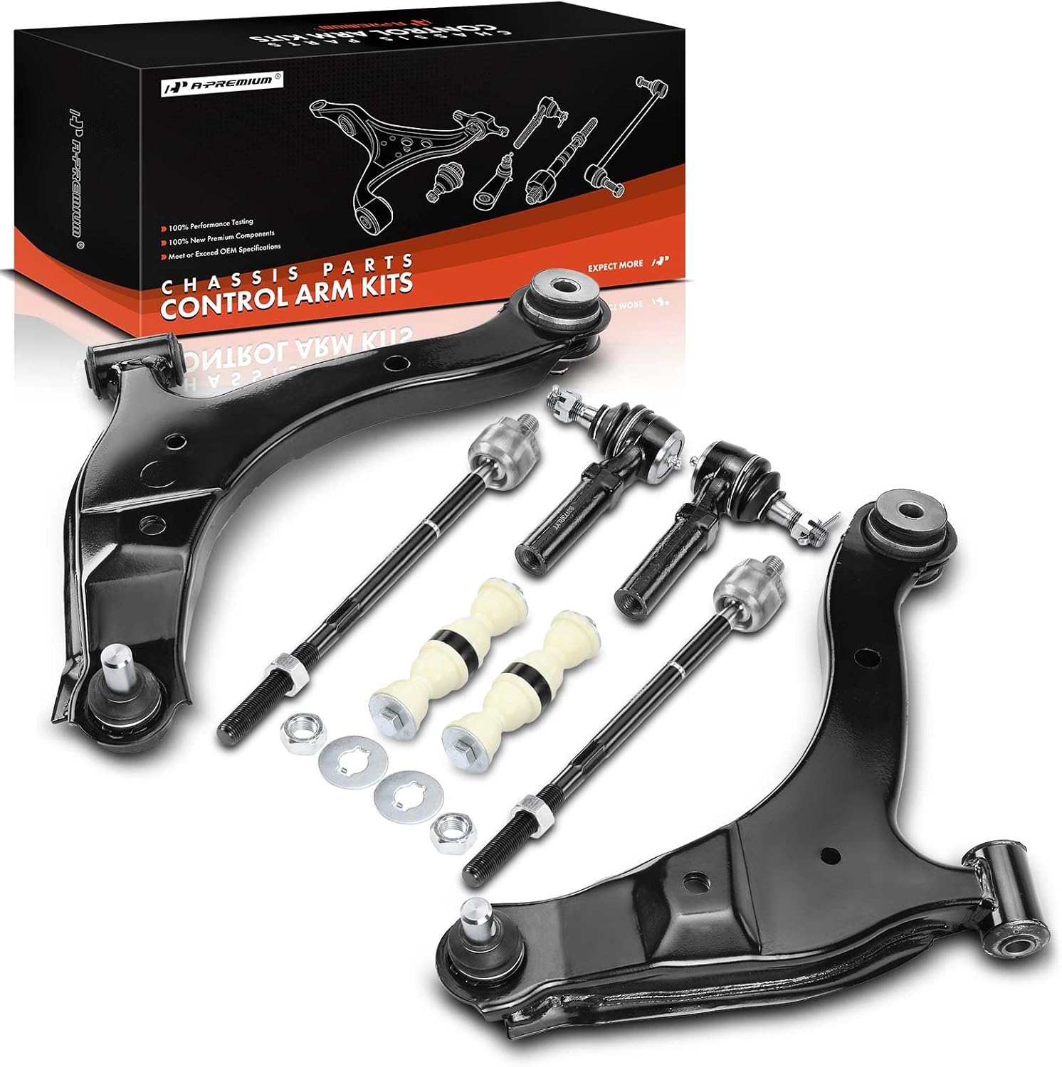 A-Premium Set of 8, Front Lower Control Arm, Sway Bar Link, Inner Outer Tie Rod End, Compatible with Chrysler PT Cruiser 2001-2010, Dodge Neon 2001-2005