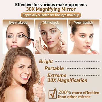GOMIPURU Travel Mirror with Light, Compact Mirrors, 1x/30x Magnifying Mirror with 3 Color Lights and Adjustable Brightness, 4.5x3.9 inch Small Compact Hangable Hand Pocket Mirrors,  with Tweezer
