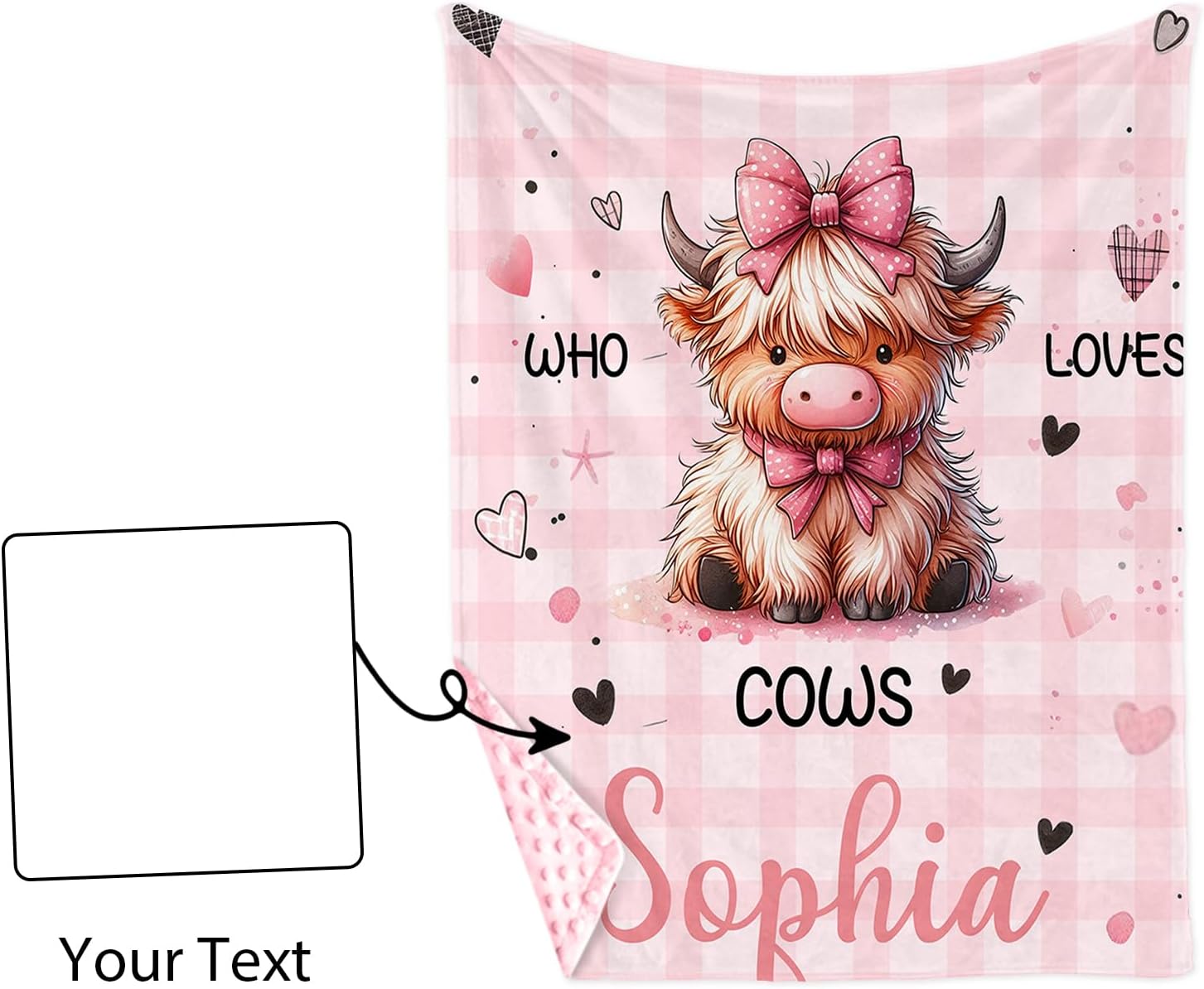 Personalized Baby Blankets for Girls, Custom Name Pink Highland Cow Pattern Baby Blanket, Soft Minky Dot Blanket for Newborns and Toddlers, Ideal for Baby Showers Christmas Brithday Gifts