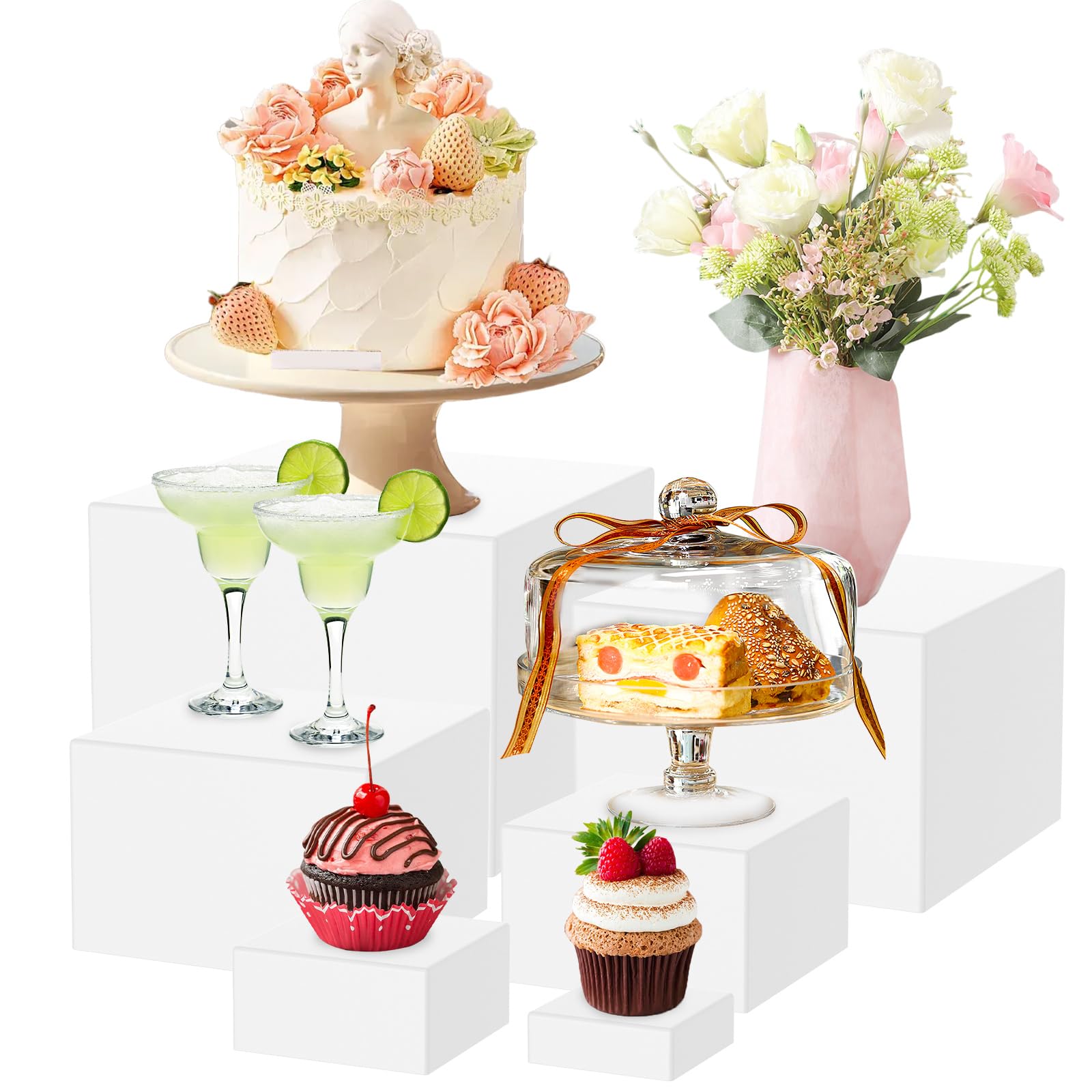 Alongen White 6Pcs Buffet Risers, Acrylic Boxes For Display As Buffet Risers And Stands,Square Cube Display Base With Hollow Bottoms For Party Table(White)