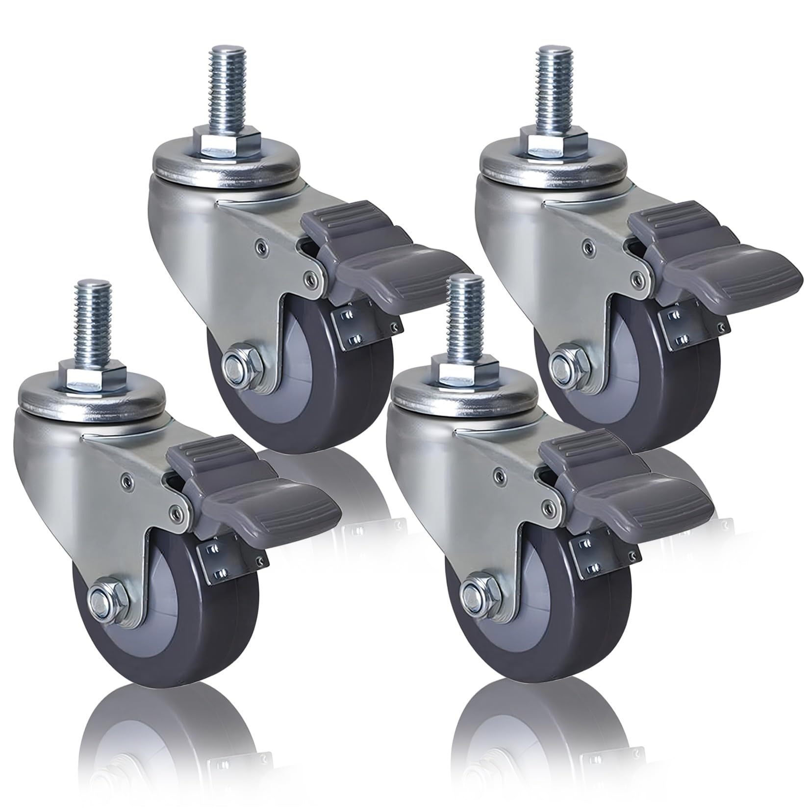 GYRAZXS Heavy Duty Polyurethane Casters 4 Pack Ø6m 2.5in with Brake M12 Thread No Marks & Quiet Industrial Transport Wheels Replacement Furniture Rollers