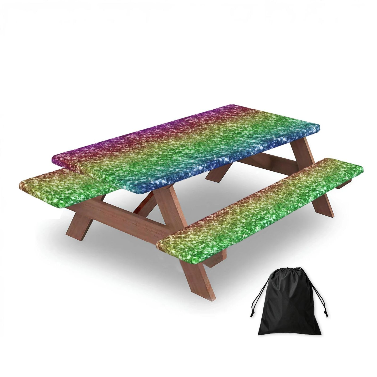 Dopklna As Picture Rainbow Glitter Sparkle, Picnic Table Cover With Bench Covers -Waterproof Elastic Fitted Tablecloth For Garden Camping Patio 76X152cm
