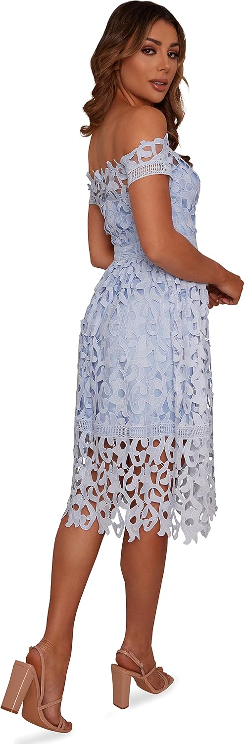 Chi Chi London Women's Bardot lace midi Dress in Blue Special Occasion, 6 :  Amazon.co.uk: Fashion