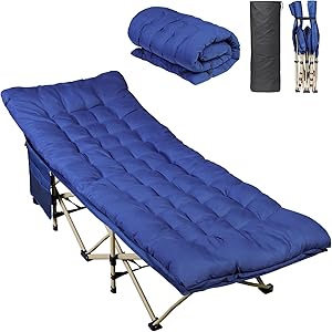 WLIVE 1200D Double Layer Oxford Camping Cots for Adults, Portable Folding Bed with Mattress, Sleeping Cot with Carry Bag for Resting, Travel, Camping, Dark Blue
