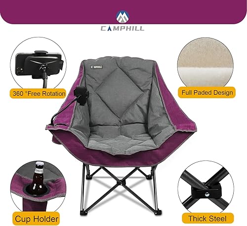 Miniatura 4 de CAMPHILL Silla de camping plegable, silla de camping portátil de gran tamaño con portavasos y soporte para teléfono, silla de césped acolchada