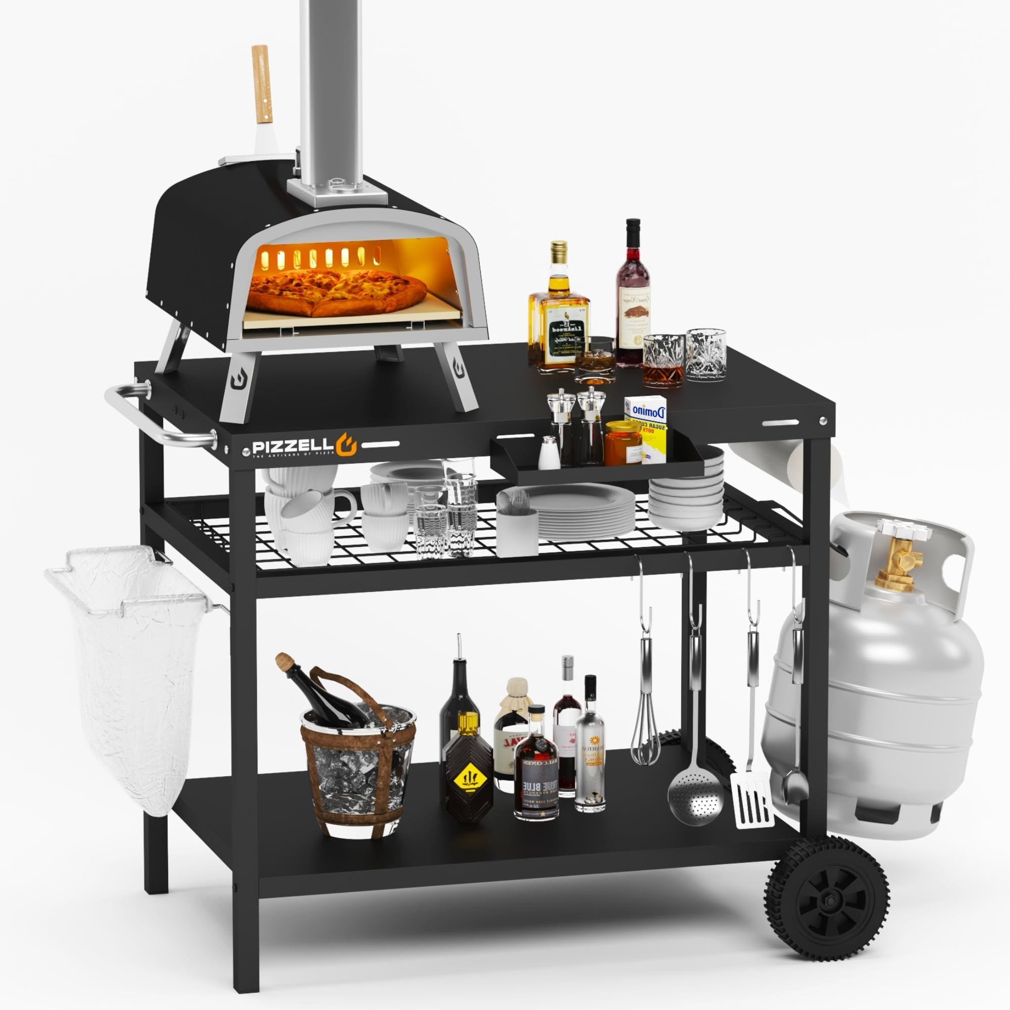 PIZZELLO Outdoor Grill Cart Three-Shelf Grill Table Movable BBQ Trolley Food Prep Carts Solid Steel Multifunctional Worktable Island with Two Wheels, Hooks, Black