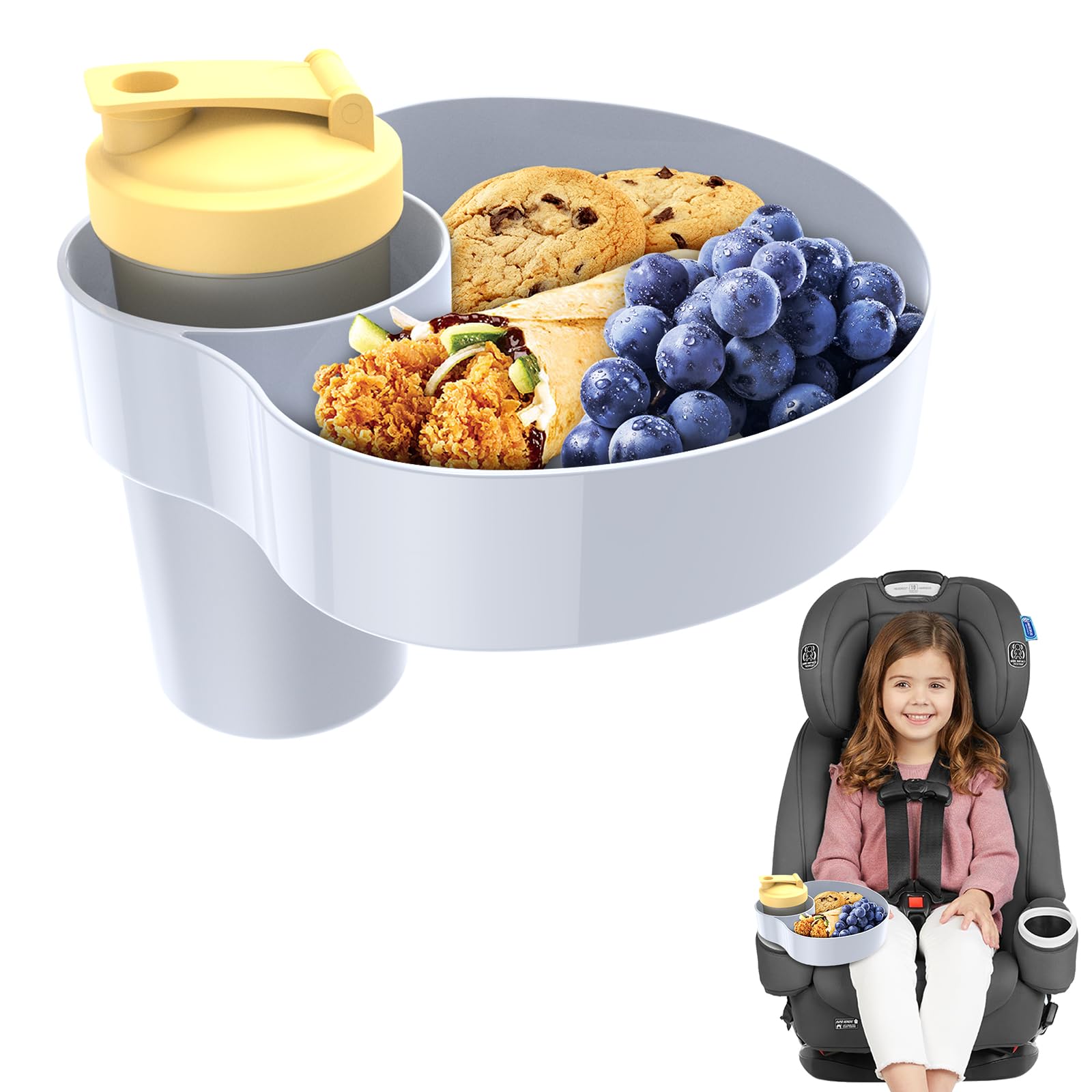 Resptasski Car Seat Cup Holder Snack Tray for Kids – Travel Tray for Car, Booster, Stroller, Outdoor Essentials Kit. Universal Adjustable Tray with Detachable Base for Snacks, Toys, Food (1, Grey)