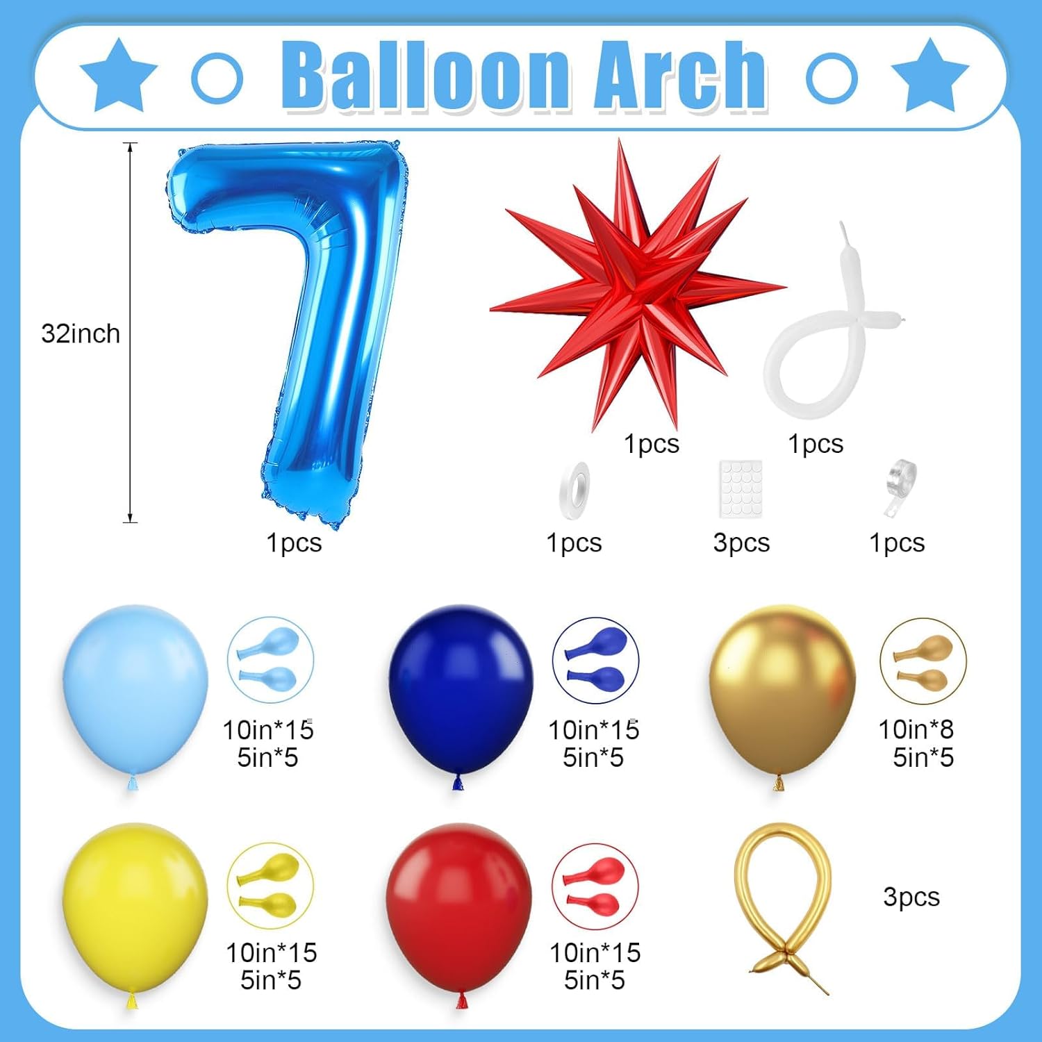 Red Blue Yellow 7th Birthday Balloons Arch, Royal Blue Metallic Gold Balloon Garland Kit, Red Star Foil Blue Number 7 Balloon Tower for 7 Year Old Kids Boys Birthday Baby Shower Party Decorations - Image 2