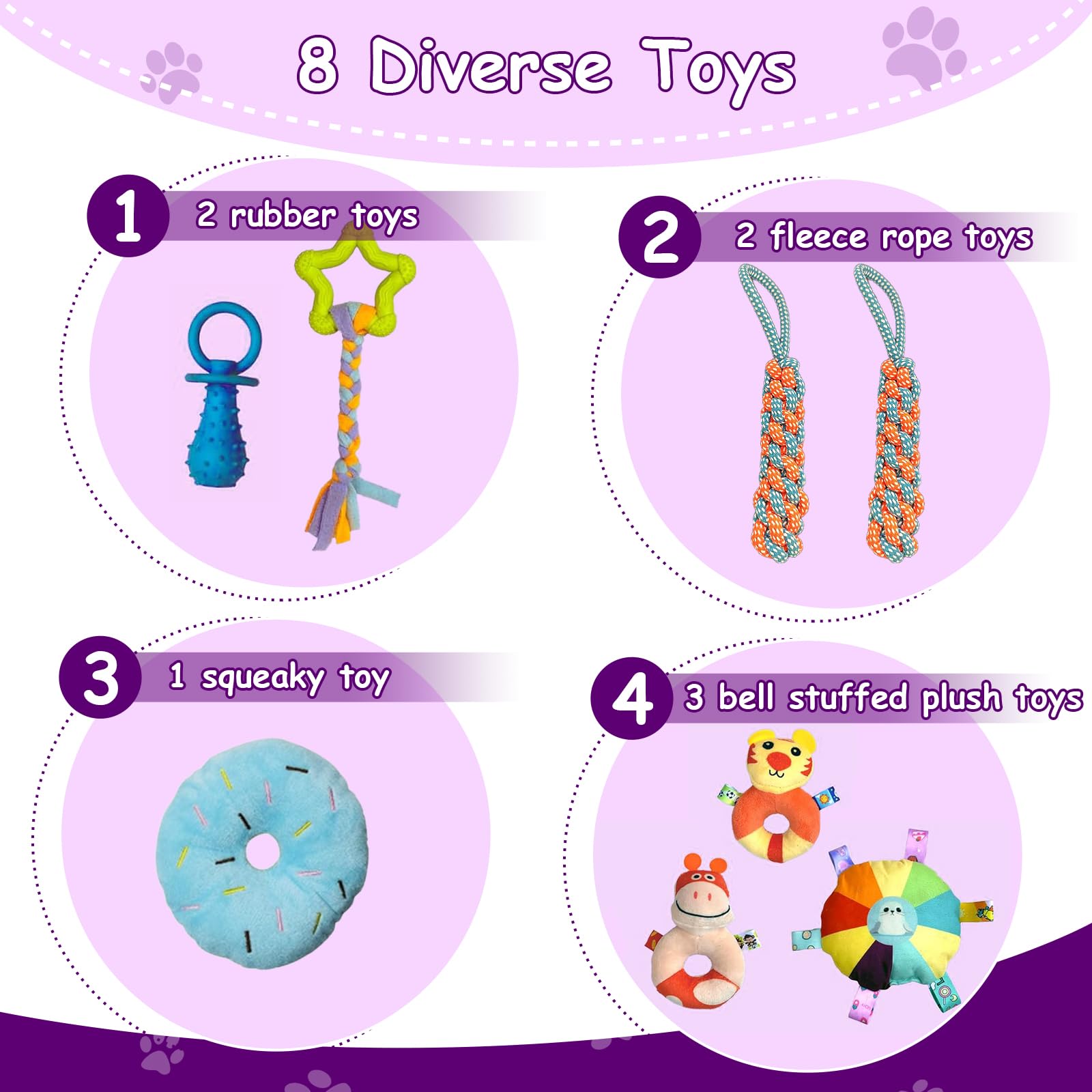 Estudio de juegos para cachorros con 8 juguetes colgantes, marco de PVC morado, centro de actividades para perros pequeños, estudio de juegos para cachorros para perros pequeños, paraíso con