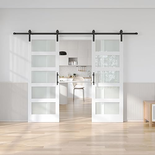 Fredbeck Puerta de granero de vidrio blanco doble 32 (puerta de 64 barn con kit de hardware de 11 pies incluido