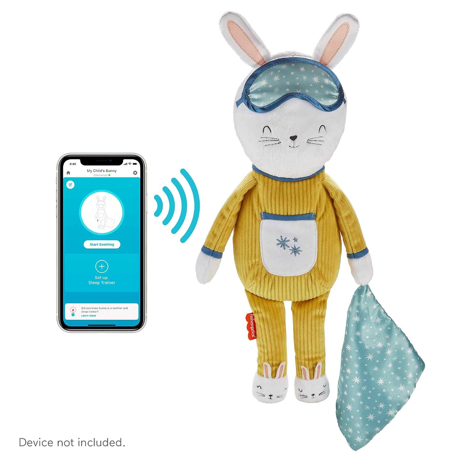 Fisher-Price Hoppy Dreams Soother with a smartphone displaying the Smart Connect app