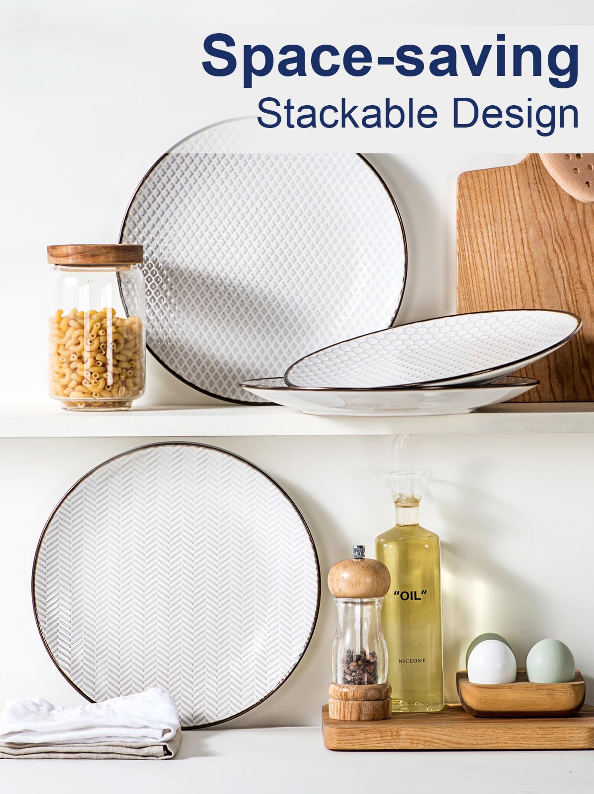 Set di 4 piatti da portata in ceramica, piatti da portata in gres goffrato da 10,5 pollici per la cucina, resistenti ai graffi, adatti al forno, al microonde e alla lavastoviglie, bianchi