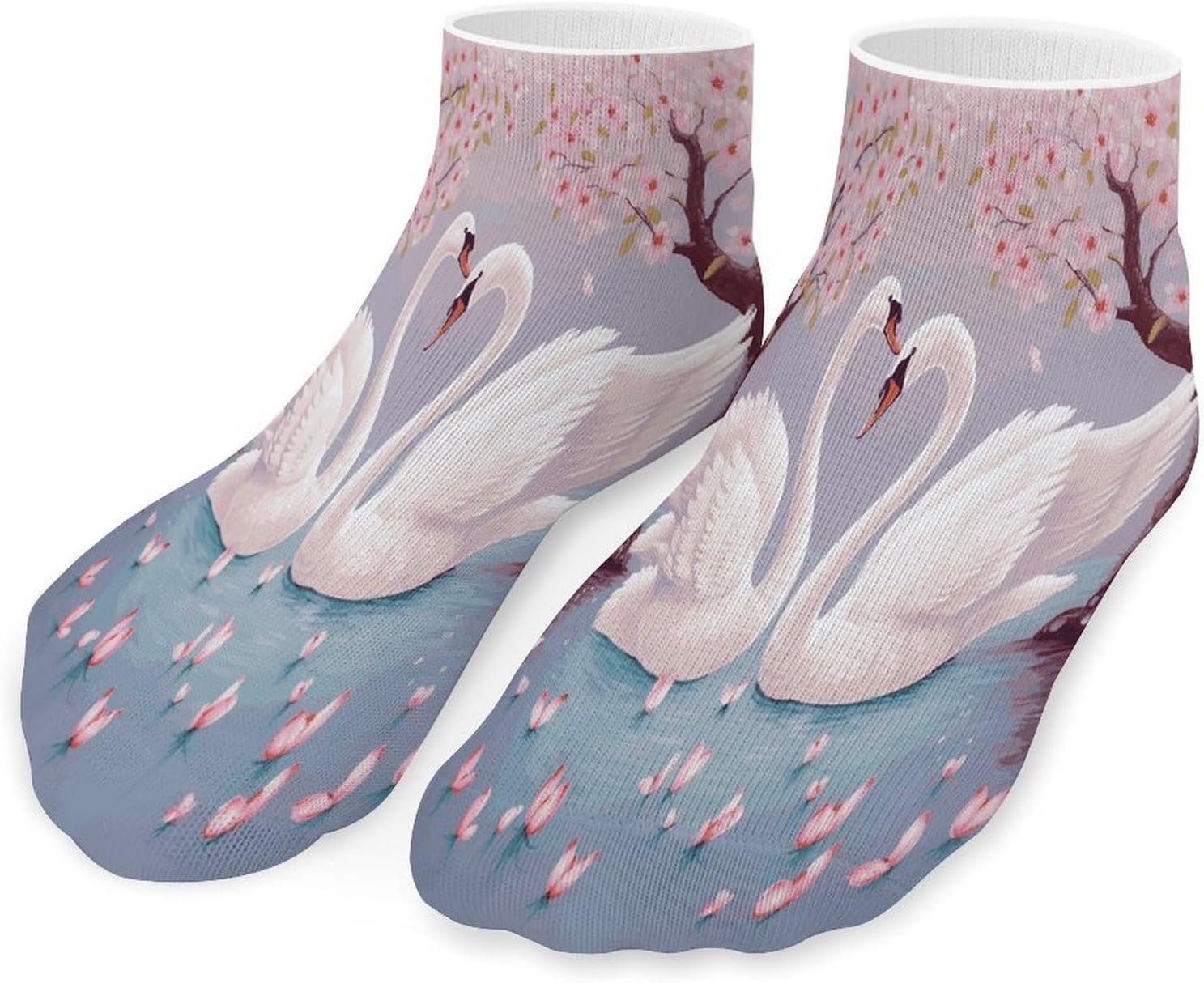White Swans Pink Floral Tree Ankle Socks for Men Women 5 Pairs | Comfortable Casual Low Cut Socks, Lightweight No Show Breathable Athletic Socks, Soft Mini Crew Socks for All Seasons