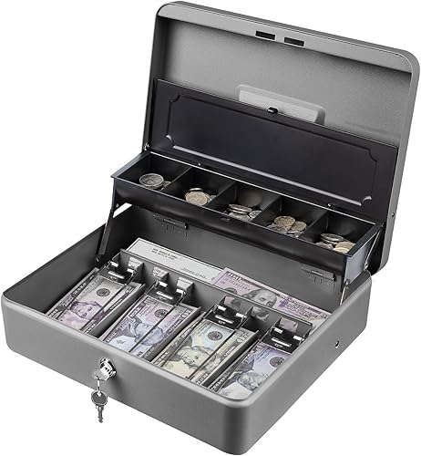 Tera Caja de efectivo antirrobo - con bandeja de dinero resistente y cerradura de llave 4 billetes 5 monedas bandeja interior 11.8 "x 9.4" x 3.5"