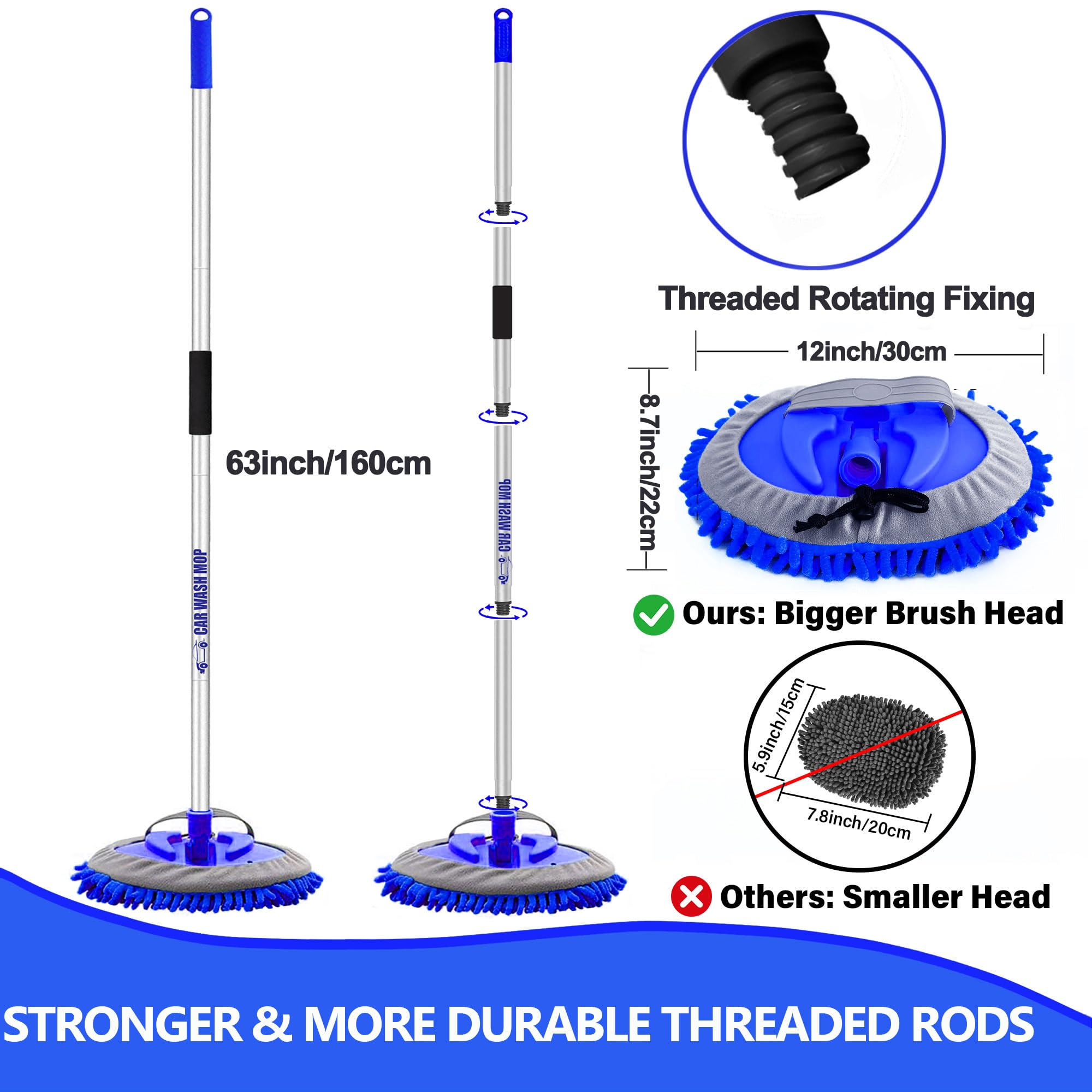 160cm 63" Brosse Lavage Voiture Manche Telescopique Balai Nettoyage Camion Microfibre Kit Pinceau Camping Car Caravane 2 en 1 Produit Auto Brise Exterieur Intérieur Mop (3 Tête de Remplacement)