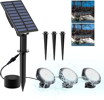 Solar Pond Lights, 18 LED Super Bright Underwater Spotlights LED Submersible Pond Light IP68 Waterproof Fountain Lights for Fish Aquarium Tank Garden Yard Pool Decor Cold White 3-in-1