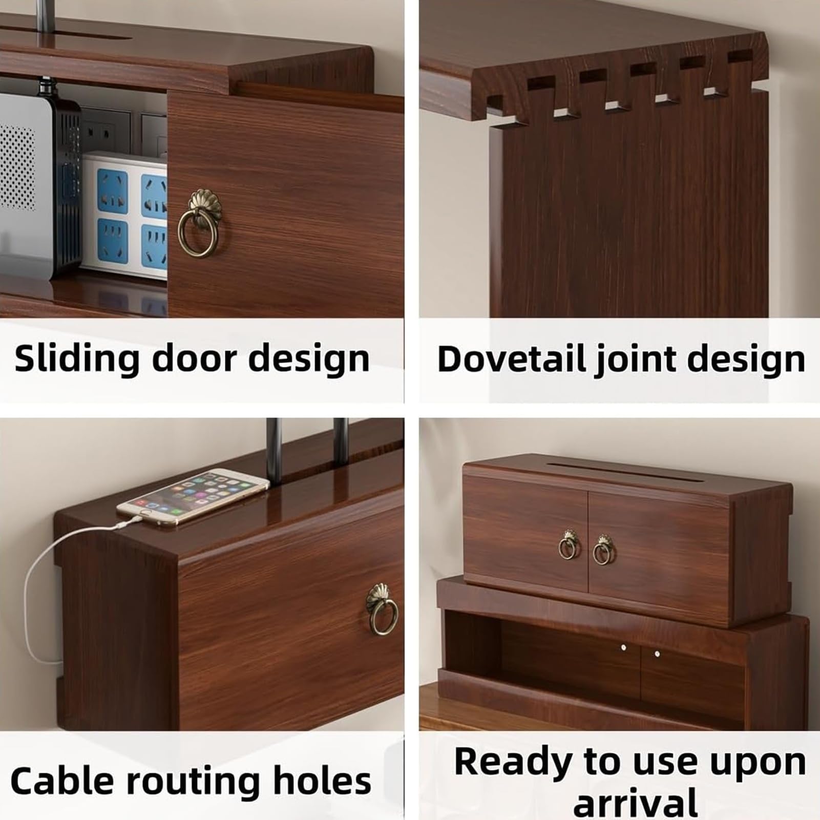 Boîtier de Rangement Mural en Bois Massif pour Routeur WiFi, Meuble de Rangement Multimédia pour Modem, Décodeur TV et Multiprise, Idéal pour Le Salon ou Le Bureau(Walnut-Late,60cm/23.6in)
