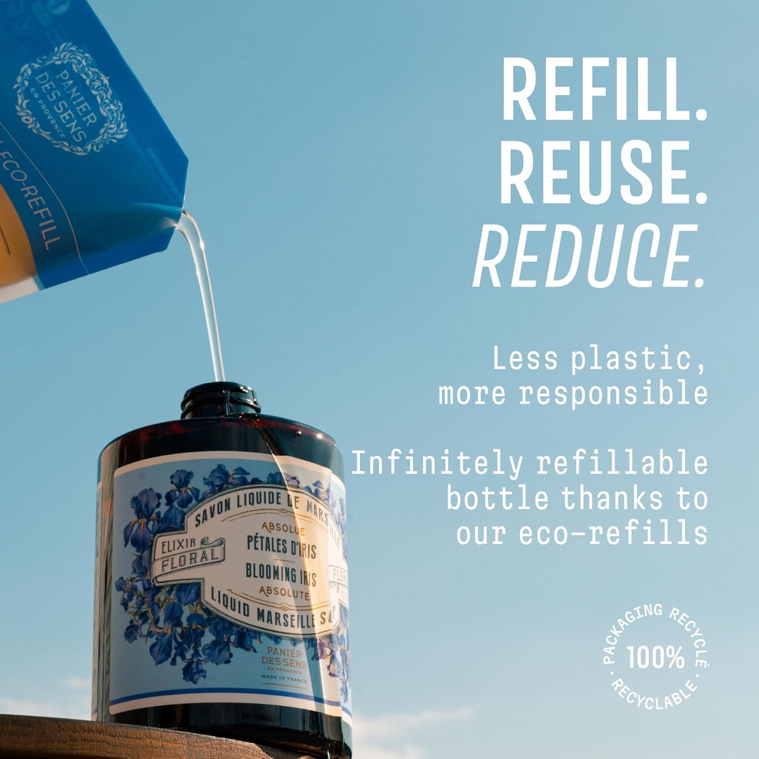 Panier des Sens - Powdery Iris Moisturizing Liquid Hand Soap - French Provence Hand Wash - Savon de Marseille Soap with Olive Oil - Refillable Bottle - 96% Natural Ingredients - 16.9 Fl Oz