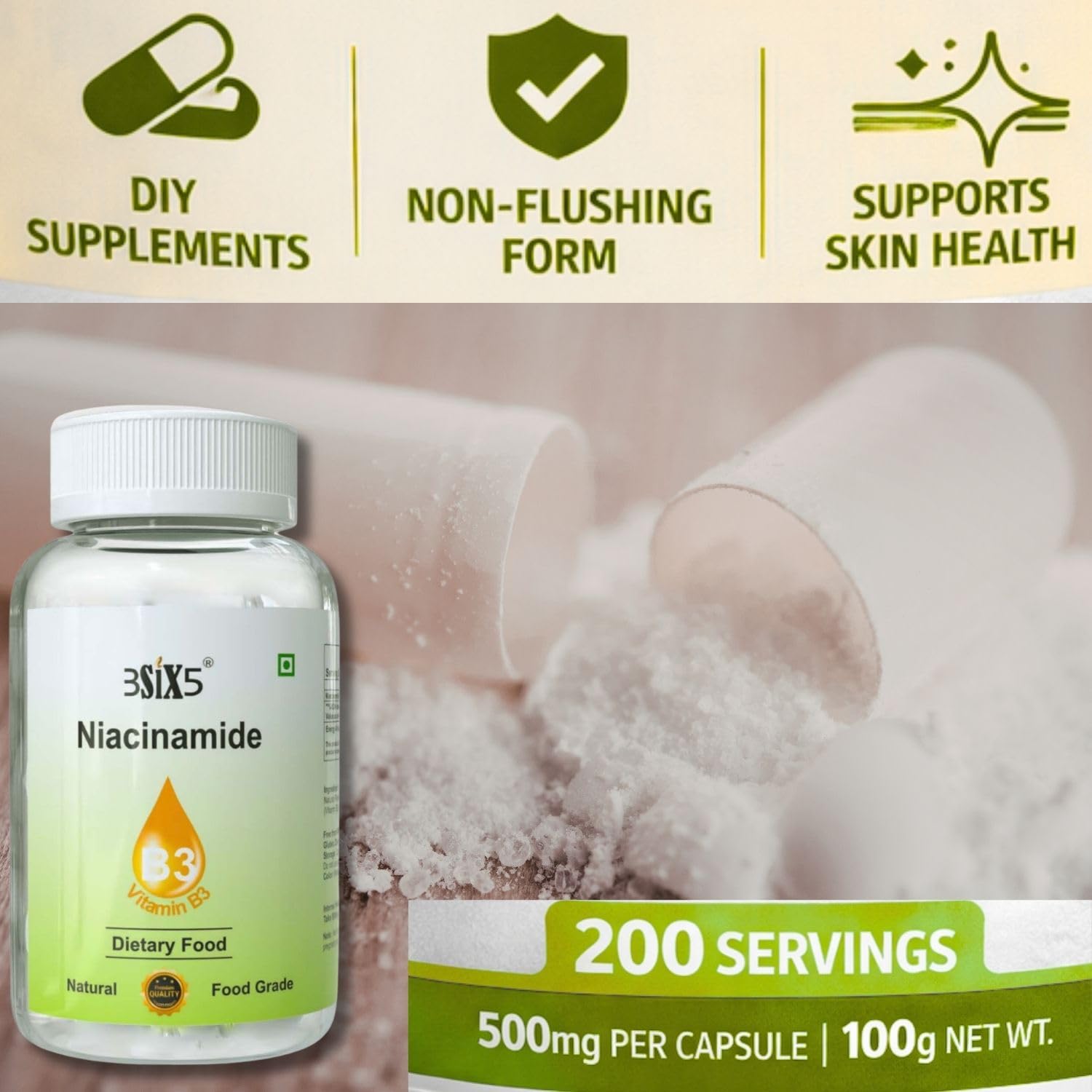 3SIX5 Niacinamide (Vitamin B3) Supplement for Radiant Health & Energy (100gm) — Amazon image 2