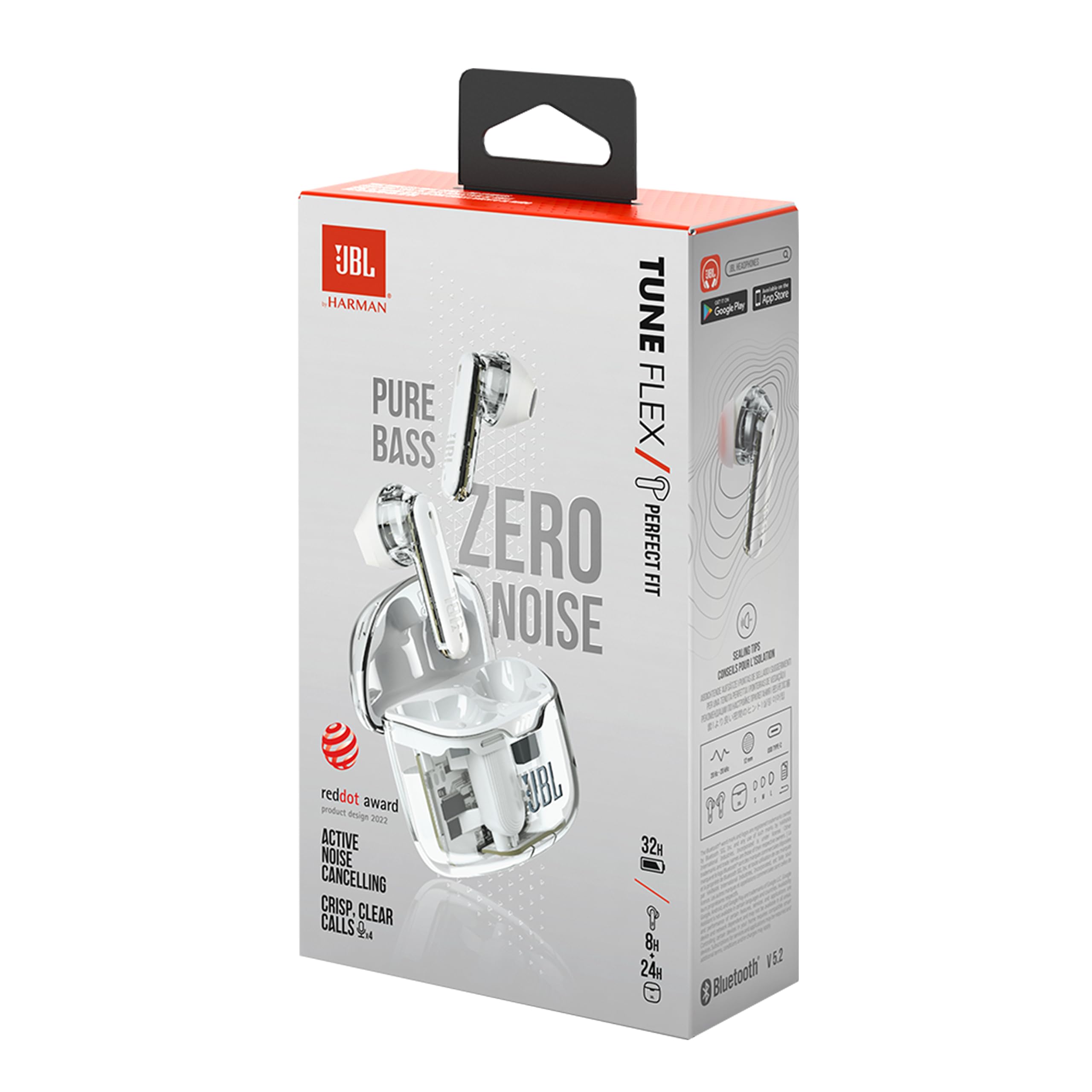 JBL Tune Flex Ghost Auricolari In-Ear True Wireless Bluetooth con Cancellazione Attiva del Rumore, Impermeabili IPX4, Bassi Puri, Smart Ambient, 4 Microfoni, fino a 32 h di Autonomia, White Ghost