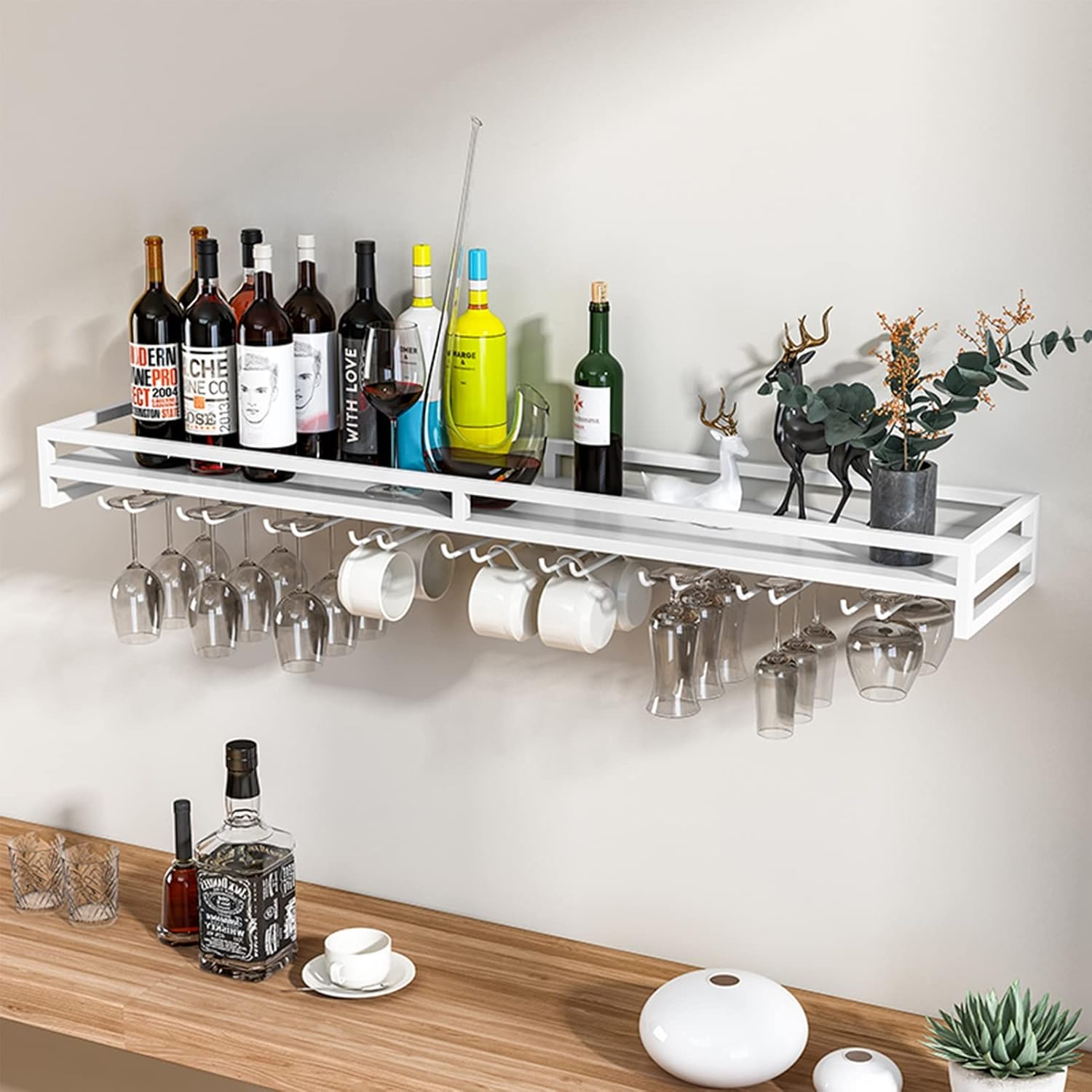 Metal Hanging Wine Holder/Wall Mounted Wine Rack with Stemware Glass Shelf/Under Cabinet Wine Bottle Racks Storage Shelving (White) (Size : 60x20x8.5cm)