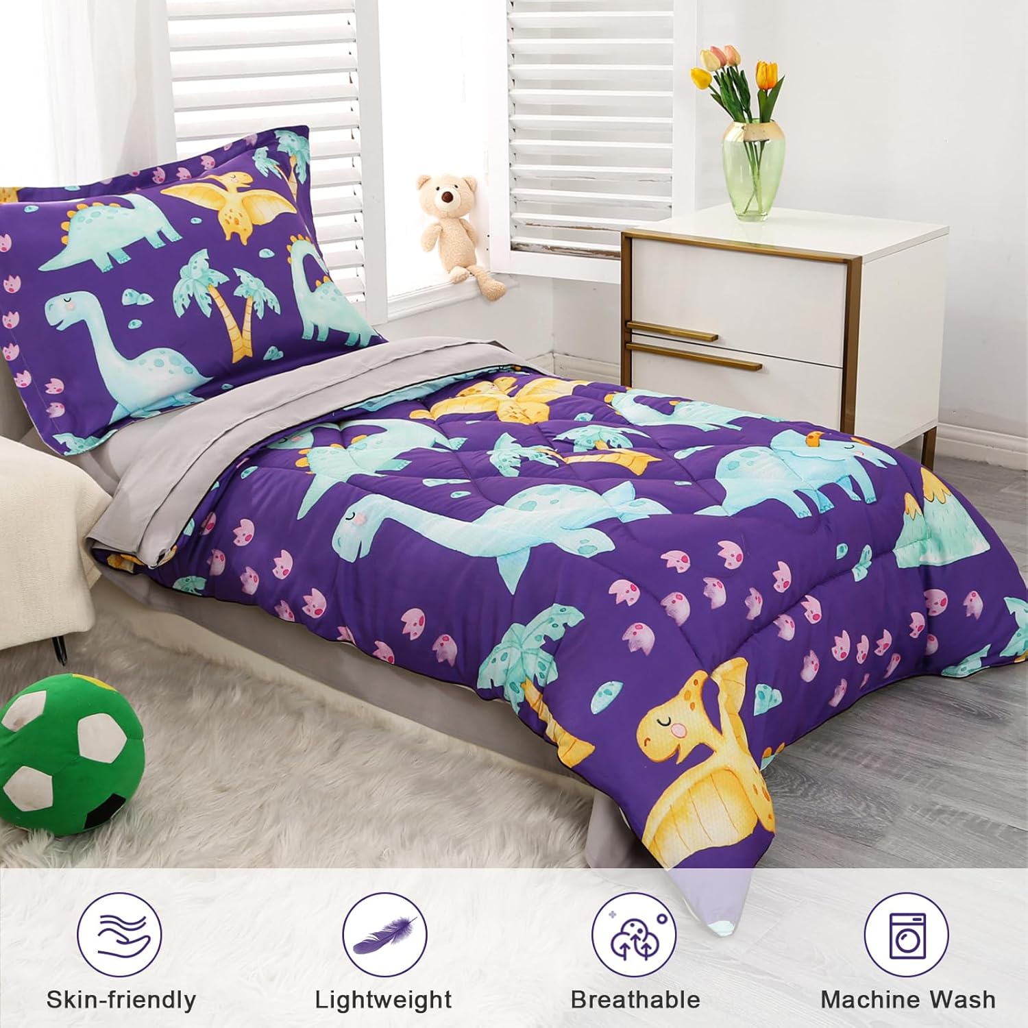 Wowelife Dinosaur Toddler Bedding Set for Boys, Premium 4 Piece Toddler Comforter Set Purple with Flat Sheet, Fitted Sheet, Comforter and Pillowcase