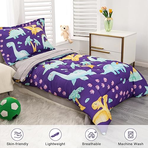 Miniatura 2 de Wowelife Juego de ropa de cama de dinosaurio para niños, juego de edredón prémium de 4 piezas para niños pequeños, color morado con sábana encimera,