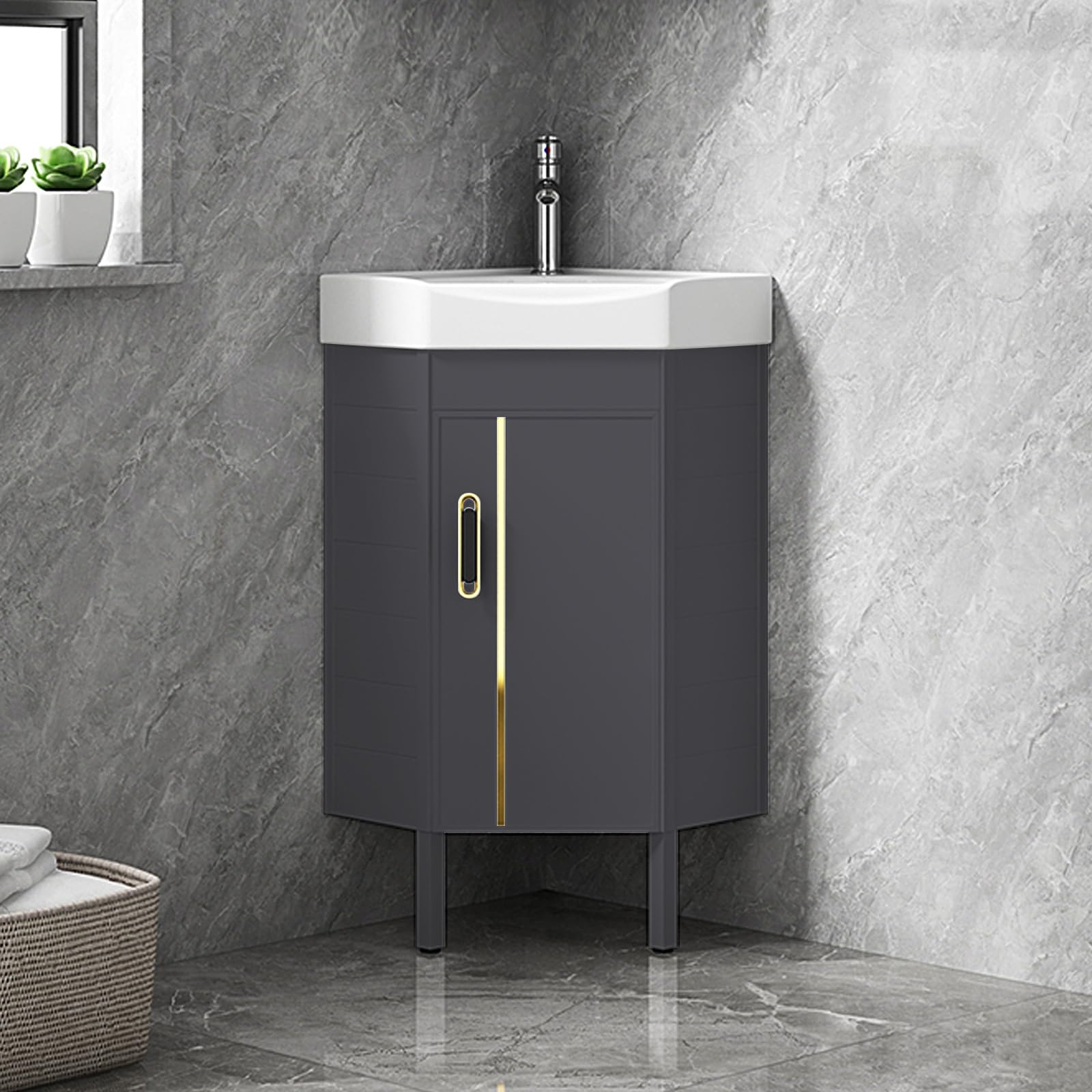 DFGHNBVC Compact Corner Vanity Sink, Space-Saving Floor Mounted Design With Ceramic Basin, Ideal For Tight Spaces In Bathrooms And Laundry Areas,Grey-38Cm/15In