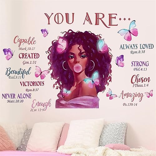 Calcomanías de pared con diseño de mariposa de niña negra, citas inspiradoras de sacinora con palabras motivacionales, vinilo extraíble para niñas,